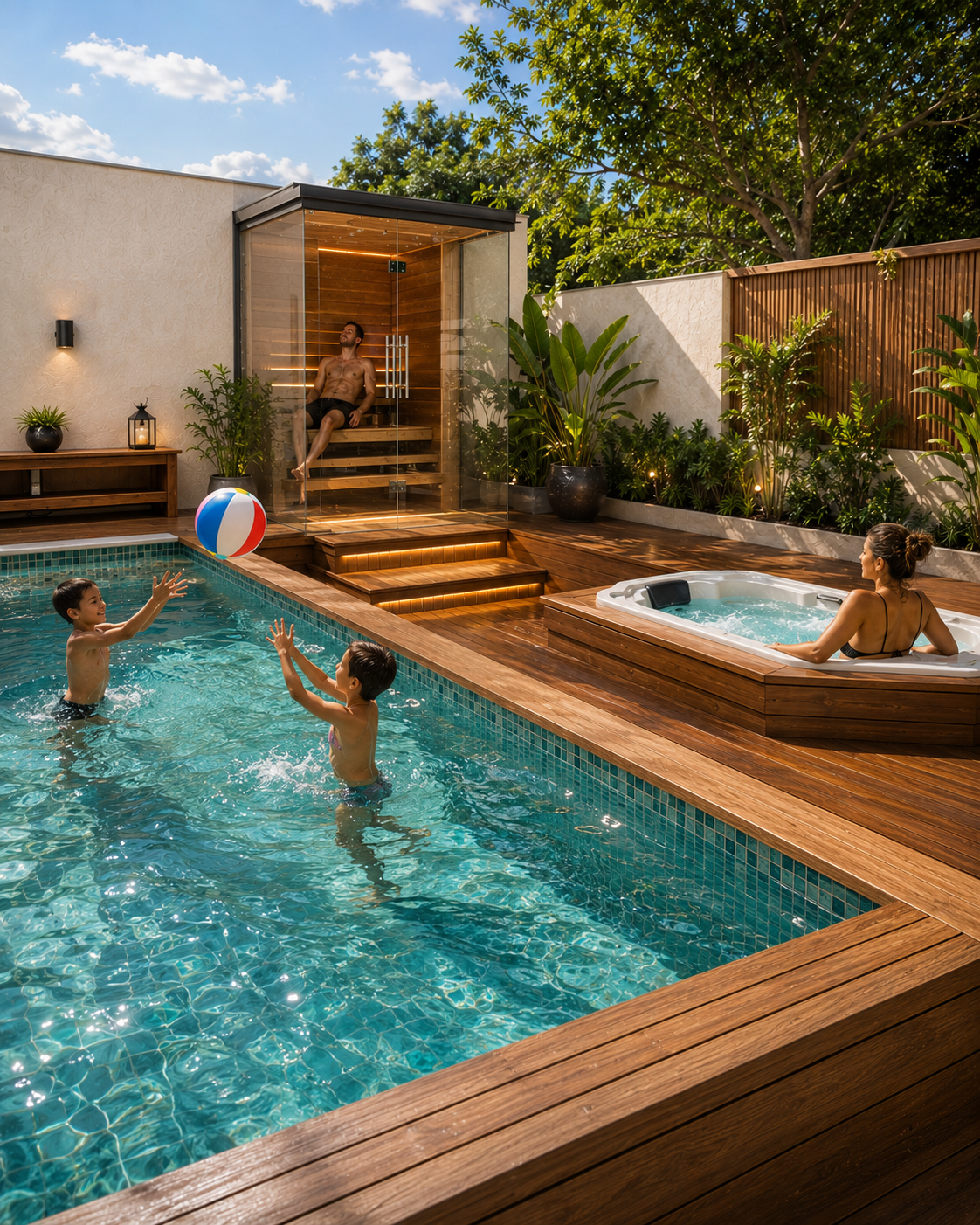 Família reunida em torno do spa e da piscina OnZen