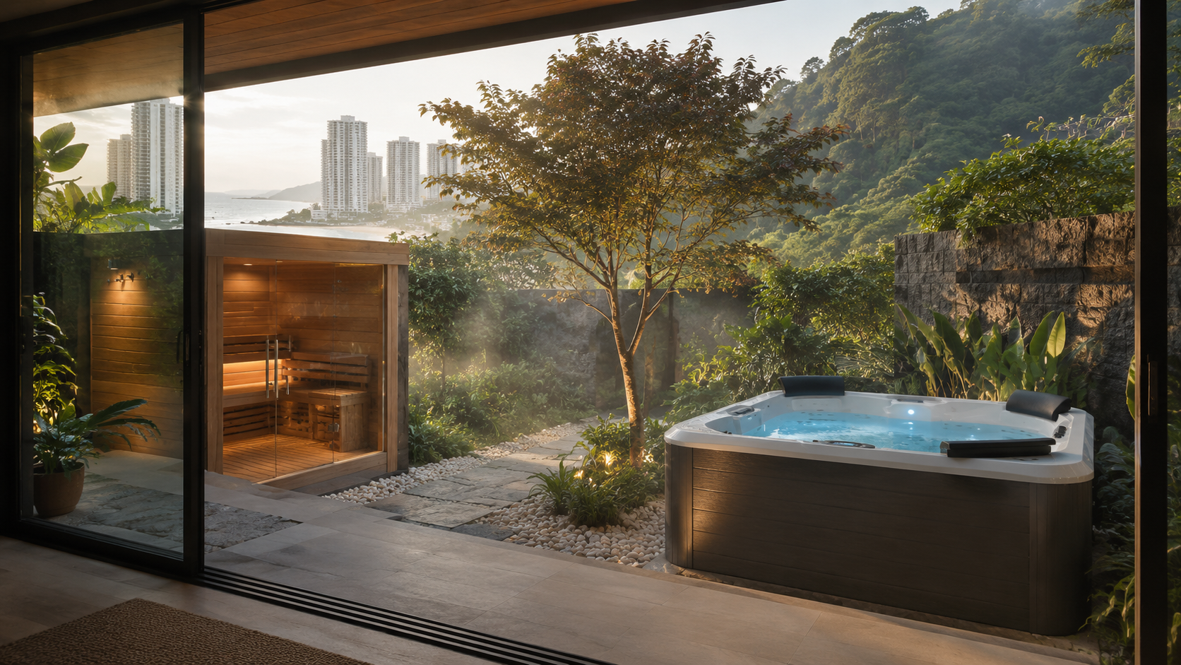 Spa e sauna no mesmo deck, iluminados à noite