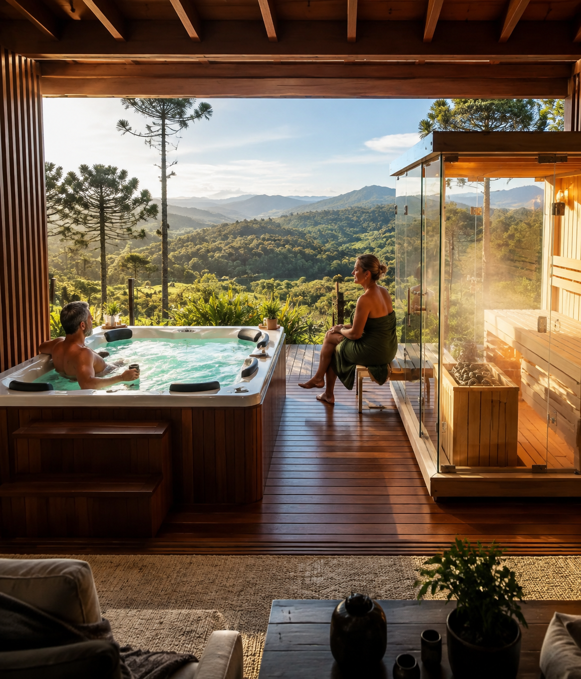 Spa e sauna no mesmo deck, cercados pela mata à noite