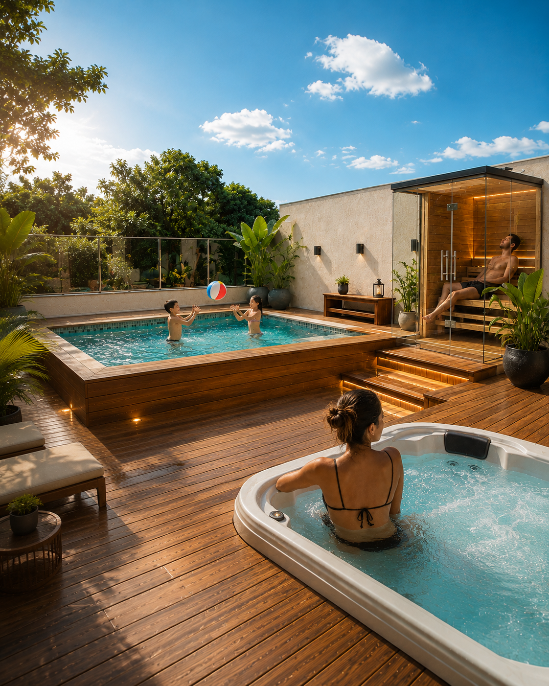 Família desfrutando de spa, piscina e sauna OnZen em um deck de madeira ao entardecer — tempo bem vivido
